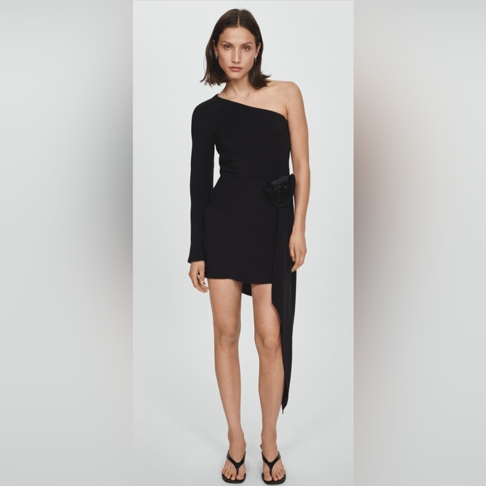 New Mango MNG Asymmetrical Black One-Shoulder Maxi Flower Dress- Size 6
